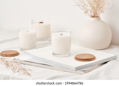 Handmade scented candles in a glass with a wooden lid. Soy wax candles with a wooden wick.