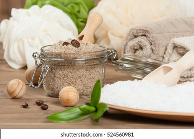 Handmade Scrub With Coffee, Lemon And Argan Oil. Dead Sea Bath Salt. Towels, Spa Set