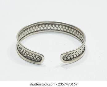 Handmade silver bangle on white background, Hmong Silver bracelet