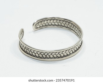 Handmade silver bangle on white background, Hmong Silver bracelet