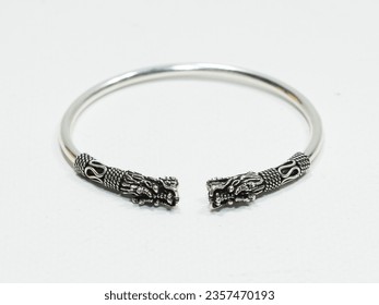 Handmade silver bangle on white background, Hmong Silver bracelet