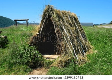Handmade small house, hovel for kids. Fortess, tent, teepee for children`s  games at the back yard. Summer time, camping