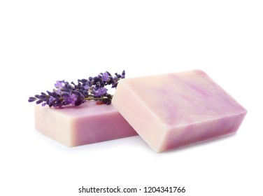 Handmade Soap Bars And Lavender On White Background