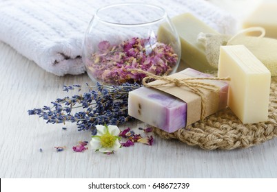 Handmade Soap With Bath And Spa Accessories. Dried Lavender And Rose Petals