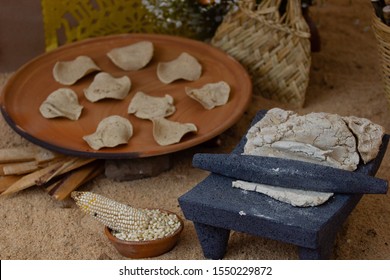 A Handmade Stone Metate, With Dough Ready For Making Tortillas, Tortilla Making Process