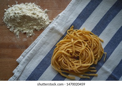 Handmade stringozzi (or strangozzi), an Italian wheat pasta similar to noodles, among the more notable of those produced in the Umbria region. Landscape format.