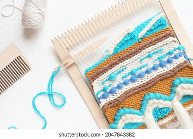 Handmade Wall Hanging Weaving Process On White Background. Flat Lay, Hobby Concept.