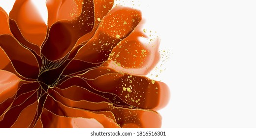 Handmade watercolor, alcohol inks flowers with red, orange, yellow, gold on the white background. Useable as a background or texture. Elegant gold veins and splashes wallpaper. - Shutterstock ID 1816516301