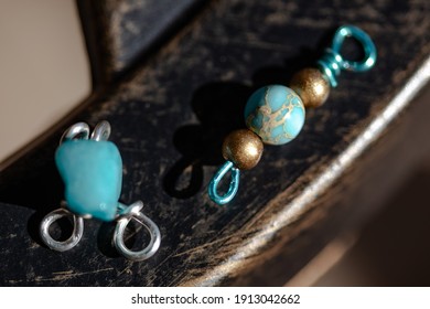 Handmade Wire Beads With Jasper Sea Sediment And Gold Inlay Bead. Turquoise And Gold With Silver. Macro Product Photography Of Handmade Jewelry Components.