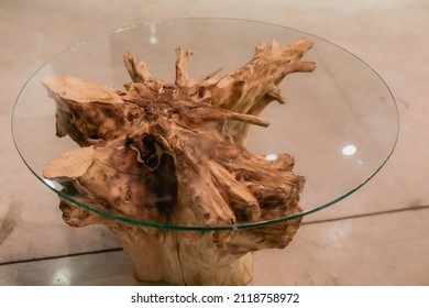 Handmade Wood Table Made Of The Dry Root Of The Tree And Round Glass Table Top. Tree Root Furniture