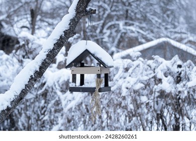 Handmade wooden birdhouse on a tree branch in the countryside in winter. - Powered by Shutterstock