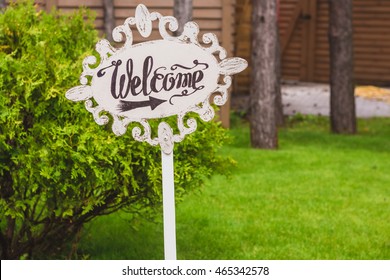 Handmade Wooden Board With Welcome Sign. Wedding. Reception.