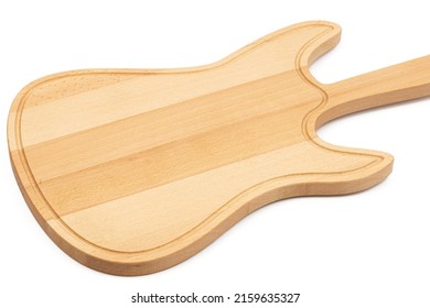 Handmade wooden cuttingboard guitar shape isolated above white background.