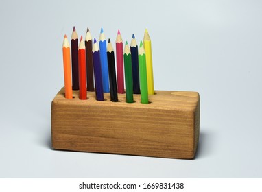 Handmade Wooden Pencil Holder With Coloured Pencils