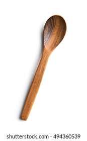 Handmade wooden spoon isolated on white background. Top view.
