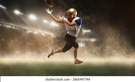 Hand-off. Young man american football player at stadium in motion on glowing spotlights background. Action, activity, sportlife concept. Flyer for ad, design. 3D render. Copyspace for advertising. - Powered by Shutterstock