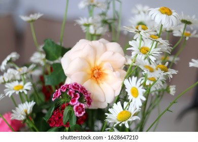 Handpicked flowers from a garden, arranged in a vase. Selective focus.