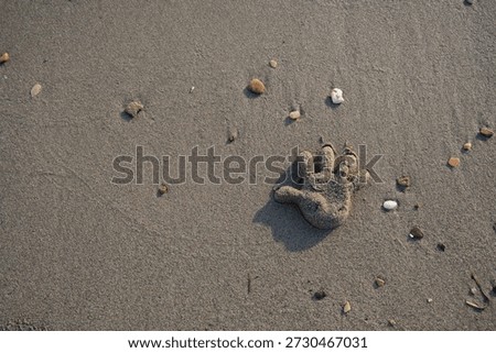 Handprint impression in the sand created using a plastic beach mold. Simple summer detail symbolizing childhood, play, and seaside memories