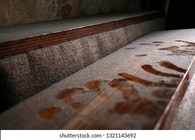 
Handprint On Dusty Wooden Surface. Old Abandoned House With Furniture Horror. Asthma 