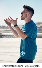 Hands, Angry Man And Screaming In Fitness, Training And Exercise After Sports Game Or Match Loss. Stress, Frustrated And Shouting Sports Person With Burnout Mistake, Wellness Crisis And Workout Fail