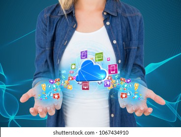 hands with application icons with blue lights floating on it and cloud between. Blue with lights bac