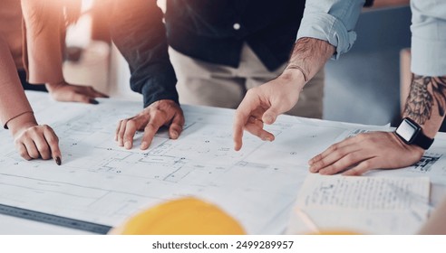 Hands, architect and blueprint sketch with clients for floor plan, drawing or renovation meeting of building construction. Group, contractor and document, planning and ideas of infrastructure project - Powered by Shutterstock