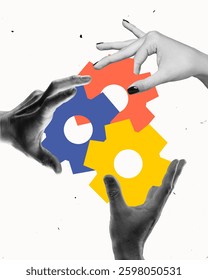 Hands assembling interconnected gears, symbolizing teamwork, cooperation, and problem-solving. Synergy of skills and expertise. Concept of business, leadership, and strategic thinking.