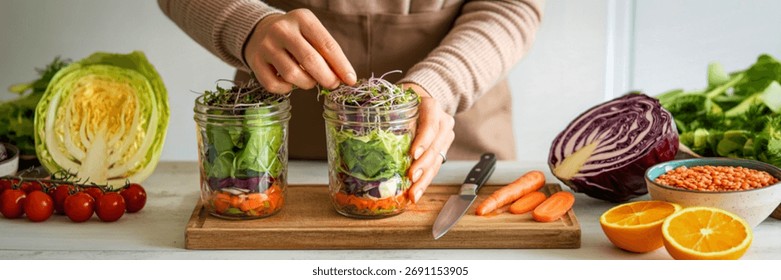 Hands assembling layered vegetable salad jars with fresh ingredients like cabbage, carrots, and radicchio, promoting healthy eating.