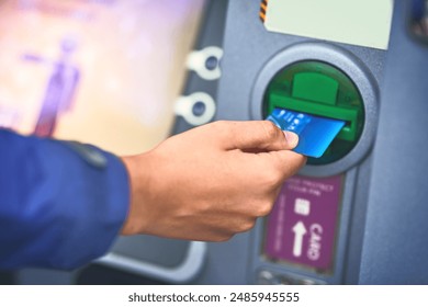 Hands, atm and credit card for cash withdrawal, banking and account balance for access, money and debit. Closeup, person and transaction at machine for payment, buying or deposit in digital scanner