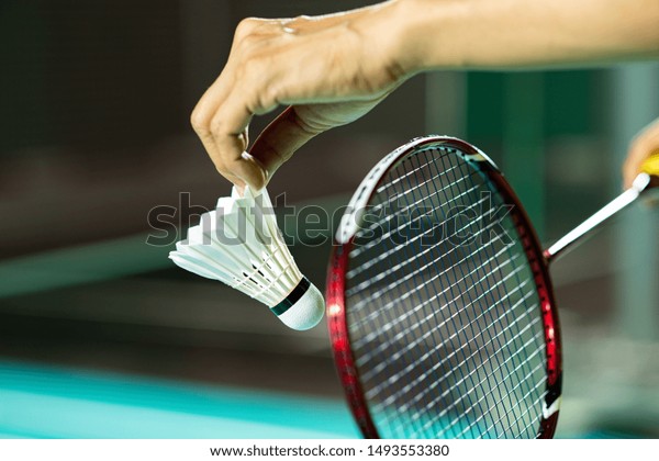 Hands of BADMINTON player holding racket serving\
white new shuttlecock with blur Badminton court background, popular\
indoor sport concept