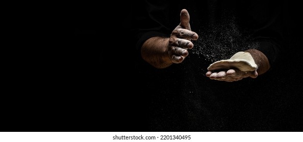 Hands Of Baker Kneading Dough Isolated On Black Background. Prepares Ecologically Natural Pastries. Long Banner Format.