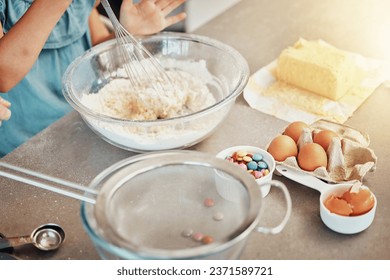 Hands, baking and bowl with flour, butter and eggs in home, kitchen or counter with people mixing recipe ingredient. Chef, cooking or baker prepare food with equipment in process or person whisk eggs - Powered by Shutterstock