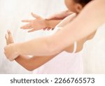 Hands, ballet and dance with a teacher and student in a class for dancing or performance arts. Artistic, dancer and learning with a girl ballerina in a classroom with an instructor from above
