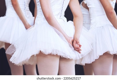 Hands Of Ballet Women At Dance Performance Ready For Abstract Dancing Show, Creative Recital Or Showcase Back View. Dancer Collaboration, Teamwork And Prima Ballerina Team On Stage Waiting To Start