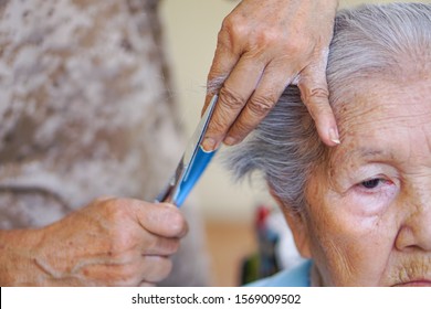 The Hands Of Barber Is Cutting An Asian Elderly Old Lady Woman With A Hair Cutting Scissors Or Hair Cutter Comb. Healthcare And Empathy Concept.