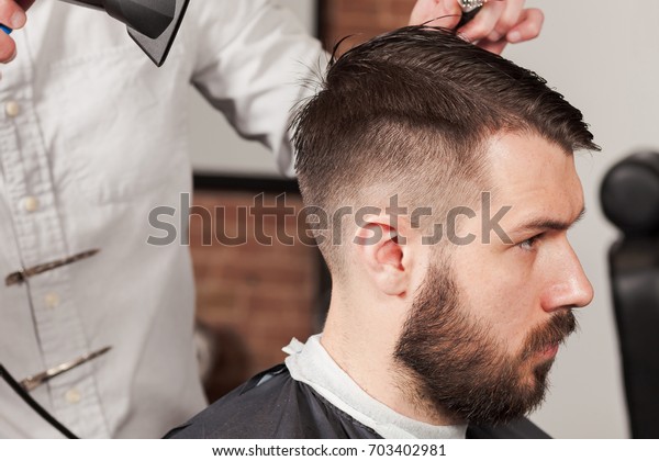 Hands Barber Making Haircut Young Man Stock Photo Edit Now 703402981