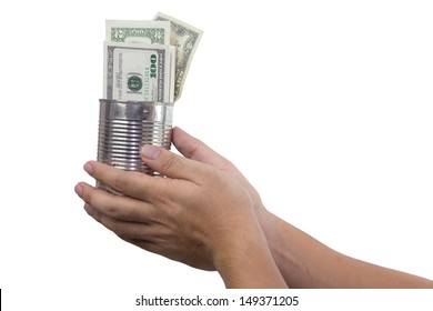 Hands Of Beggar Asking For More Money Holding Can Full Of Money Already. Concept Picture Of Rich Folks Always Ask For More Money