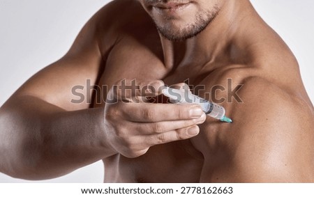 Hands, bodybuilder and injection for steroids in studio with illegal drugs for growth on white background. Person, shoulder and syringe with pharmaceutical substance, chemical or muscle development