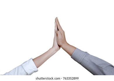 Hands Of Business Couple Giving High Five Together, Isolated On White Background