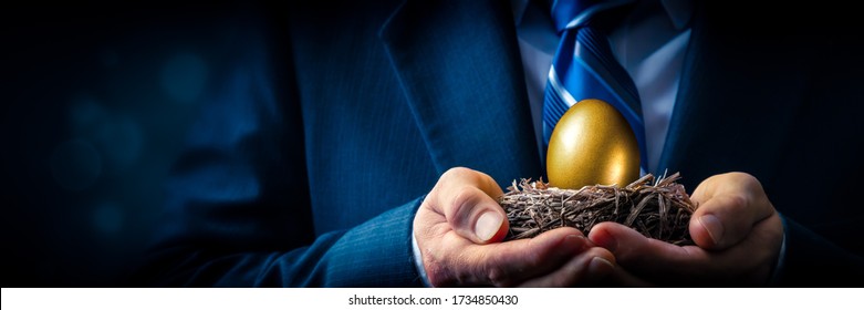 Hands Of Business Man Holding Golden Nest Egg - Investment Concept