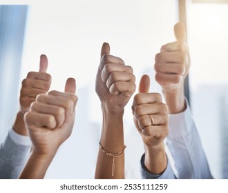 Hands, business people and thumbs up for agreement, good job or success in collaboration, thank you or goals. Group, ok emoji and winning with yes, support or trust for teamwork or solidarity - Powered by Shutterstock