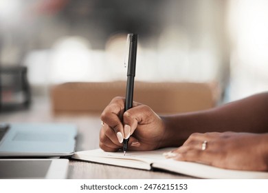 Hands, business and person writing schedule in notebook for project, feedback and deadline in office. Closeup, reminder and writer brainstorming ideas for development, journal and pen for planning