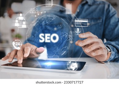 Hands, business and tablet for seo hologram, networking and 3D world graphic for target audience research. Closeup worker, person or digital technology of globe overlay for search engine optimization - Powered by Shutterstock