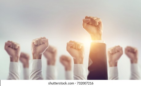 Hands of Business team raised fist air Corporate Celebration victory, success and winning concept. sunlight effect. - Shutterstock ID 732007216