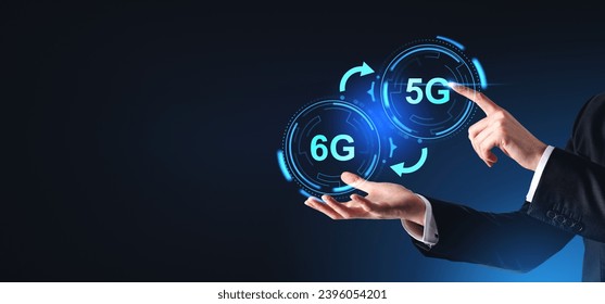 Hands of businessman interacting with 5G and 6G over dark blue copy space background. Concept of new generation of telecommunication and internet connection
