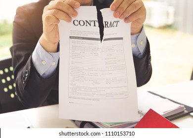 Hands Of Businessman Ripping Contract Agreement Paper, Break The Rules - Failure Business Concept.