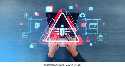 Hands of businessman typing on laptop keyboard with double exposure of bug and virus alert icons. Concept of cybersecurity and software testing. Data protection antivirus research