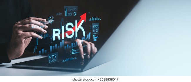 Hands of businessman using laptop with digital forex risk chart interface, glowing futuristic graphic style, on gradient background, concept of financial risk