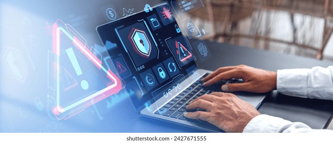 Hands of businessman using laptop at office table with double exposure of immersive cybersecurity interface. Concept of data protection