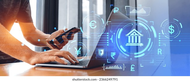 Hands of businessman using laptop and smartphone in blurry office with double exposure of CBDC central bank digital currency interface. Concept of digital money and online banking - Shutterstock ID 2366249791